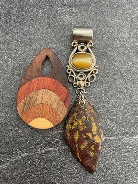 Stone, wood, & metal: trio of handmade pendants
